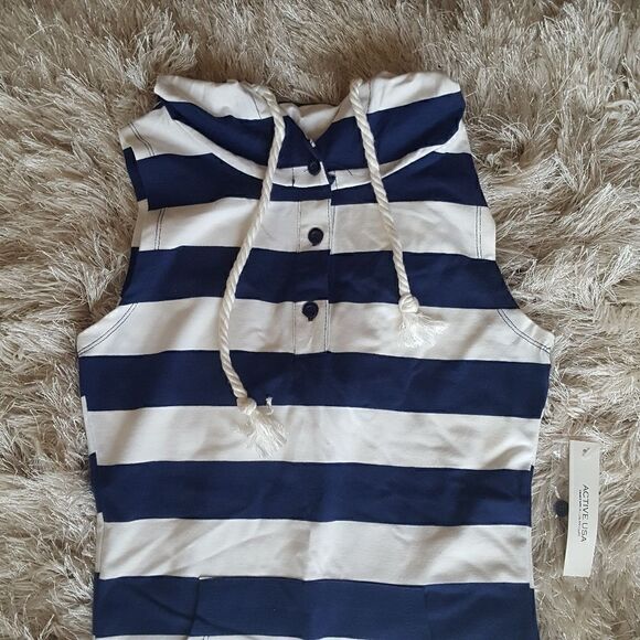 Actice Basic Sleeveless Striped  Hooded Midi Dress Blue White - Picture 6 of 6